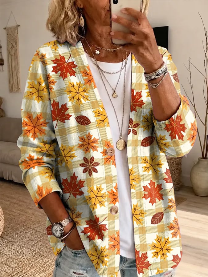 Women's Autumn/Winter fallen-leaf plaid print Cardigan