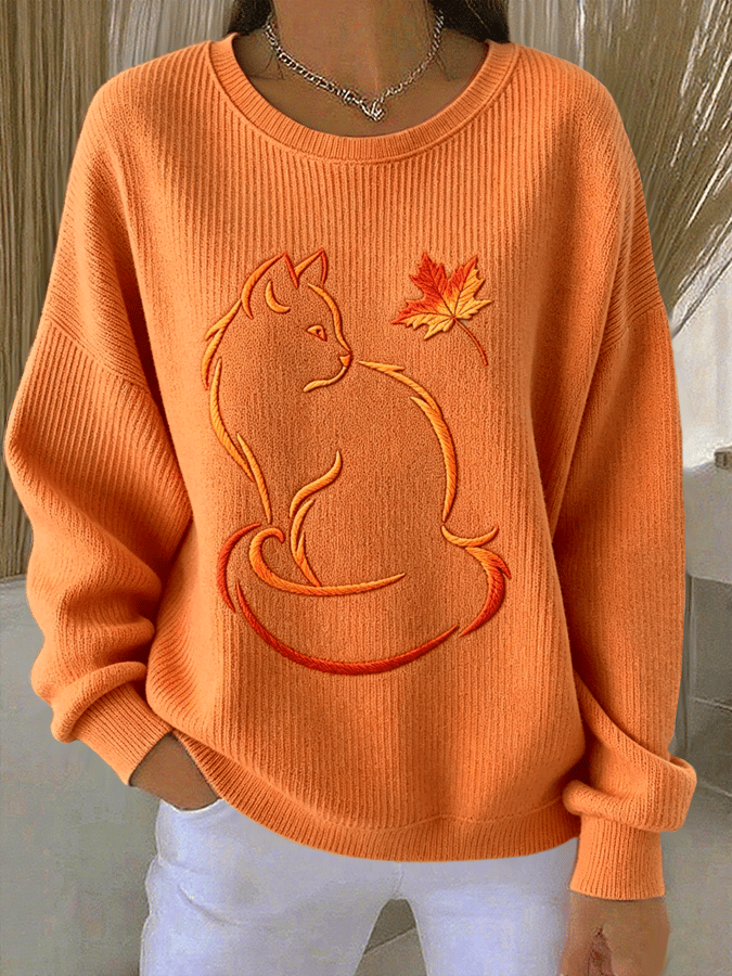 Women's Autumn Crew-Neck Knit Top With Maple Leaf And Cat Print