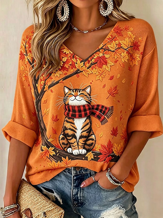 Women's Casual Printed Waffle Top