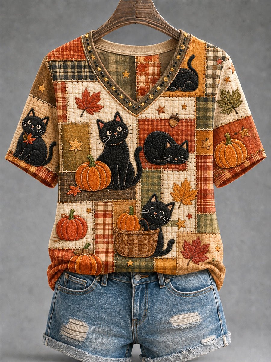 Women's Autumn Floral Plaid Patchwork Black Cat Print T-Shirt