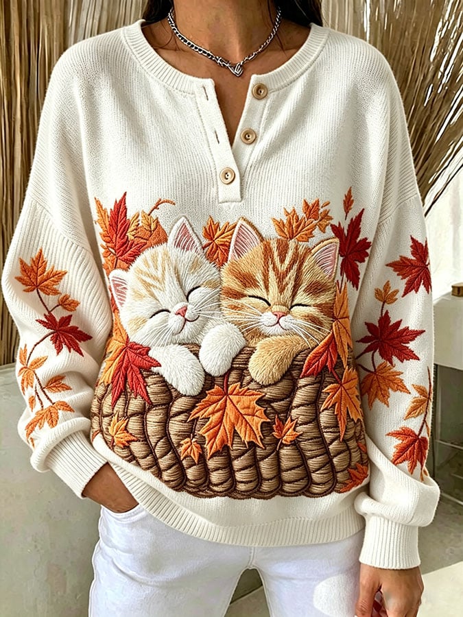 Women's Casual Print Button-Up Collar Knit Top