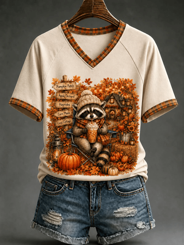 Women's Fun Fall Raccoon Coffee Print T-Shirts