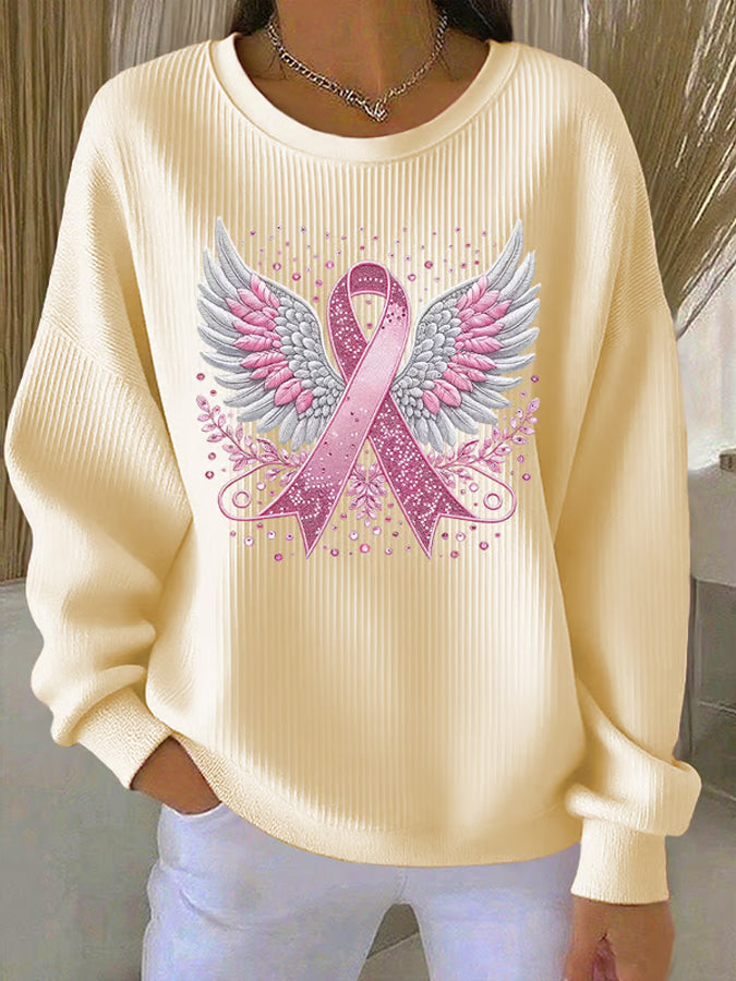 Women'S Pink Ribbon Print Casual Sweatshirt
