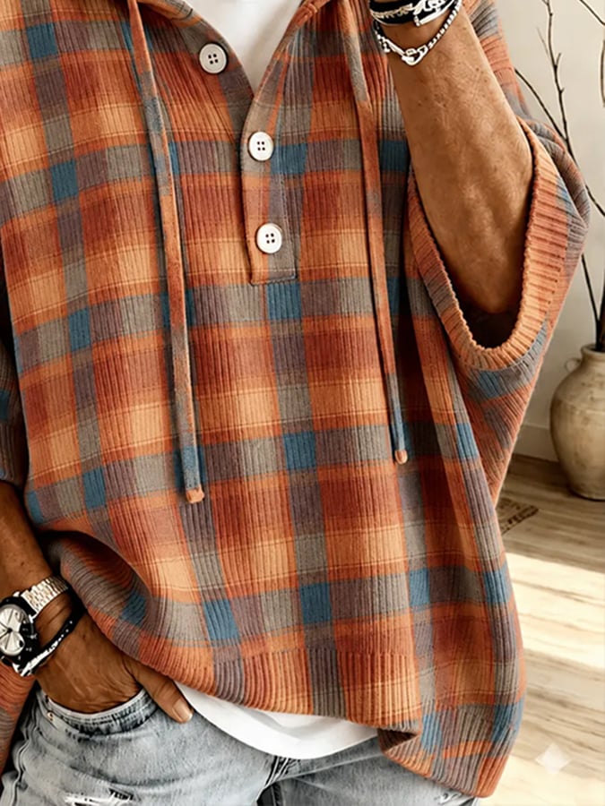 Women's Autumn Plaid Print Ribbed Hoodie