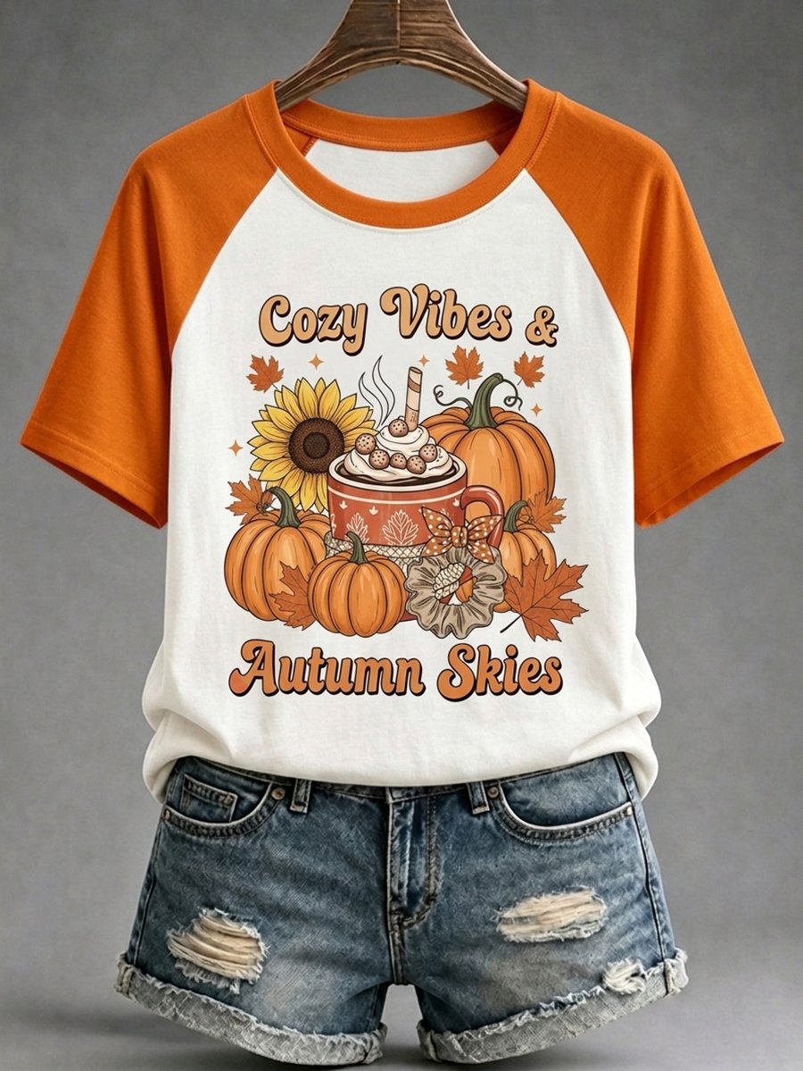 Women's Autumn Holiday Print Raglan Short-Sleeve T-Shirt