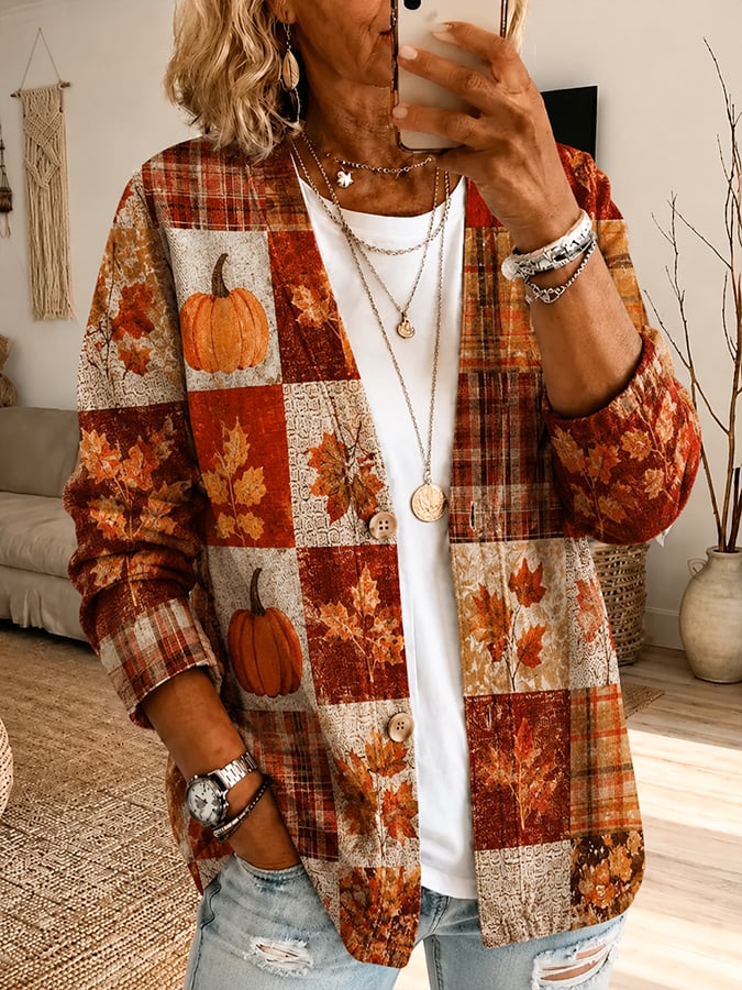 Women's Fall Patchwork Pumpkin Print Cardigan