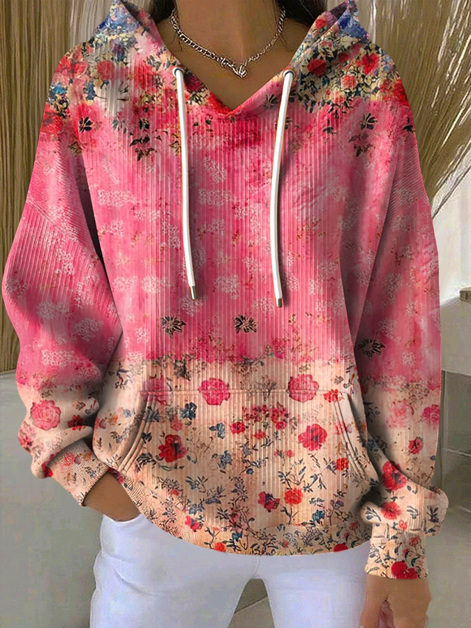Women'S Breast Cancer Awareness Flowers Printed Casual Hoodie