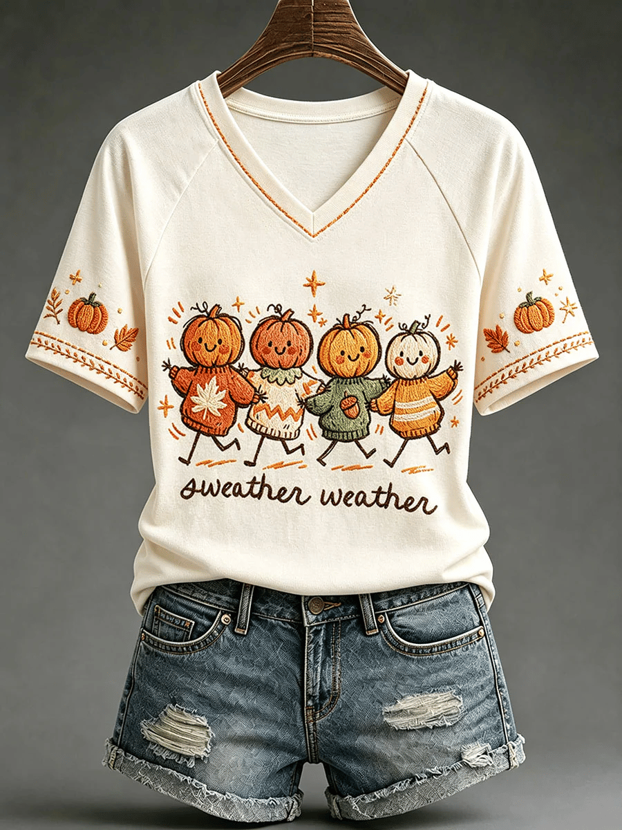 Women's Fall Pumpkin V-Neck T-Shirts