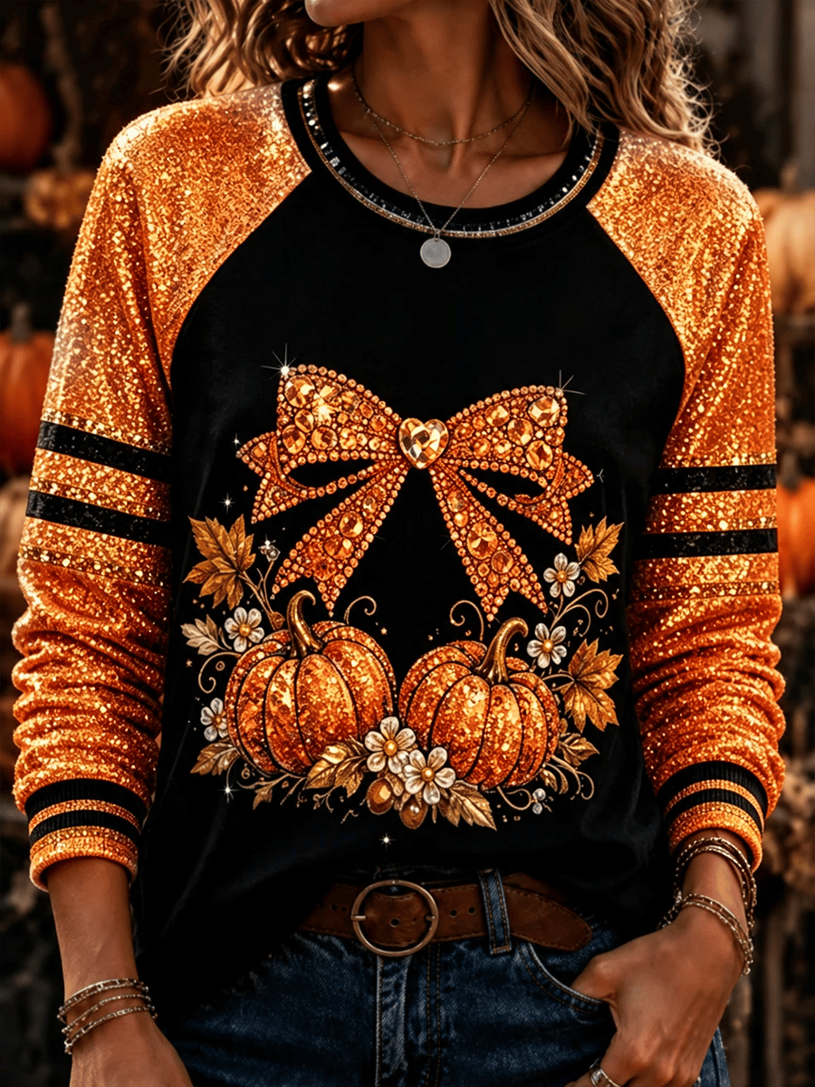 Women's Autumn Pumpkin Season Comfortable Raglan Sleeve Crew Neck Sweatshirt