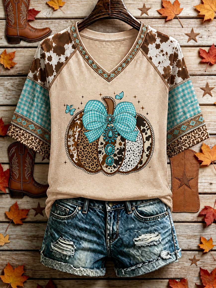 Women's Western Fall Vintage Print T-Shirt