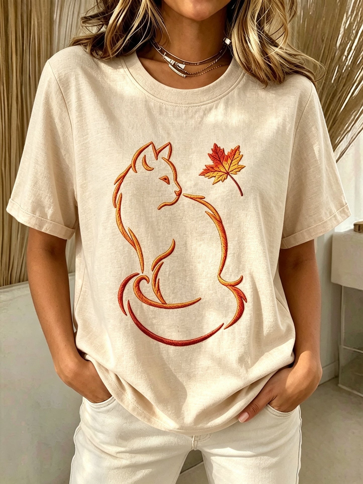 Women's Maple Leaf And Cat Print Short-Sleeve Top