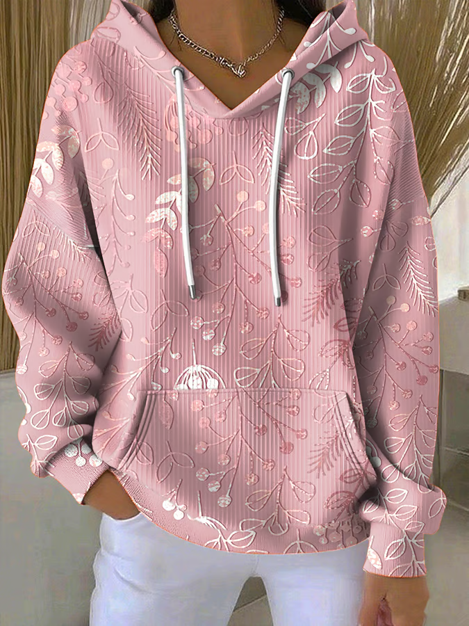 Women'S Breast Cancer Awareness Flowers Printed Casual Hoodie