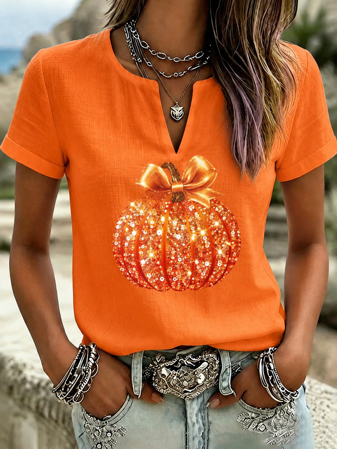 Women's Pumpkin Print Short-Sleeve T-Shirt for Autumn
