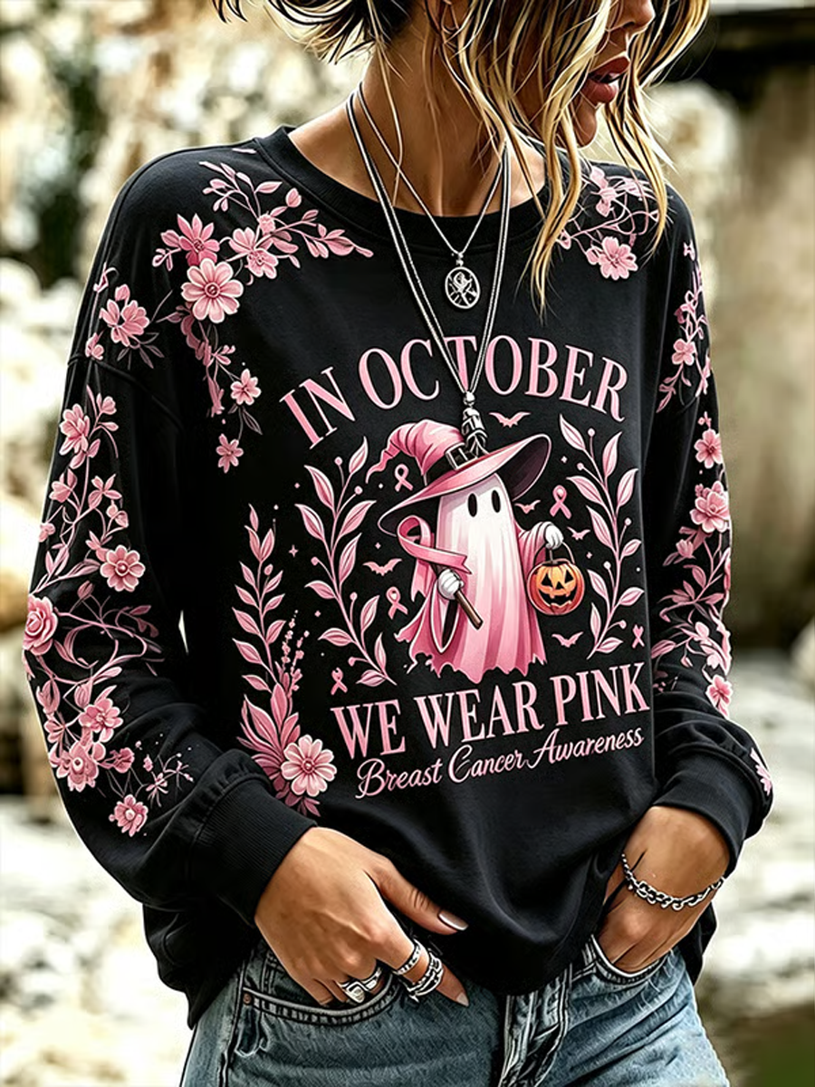 Women's Breast Cancer Halloween Print Hoodie