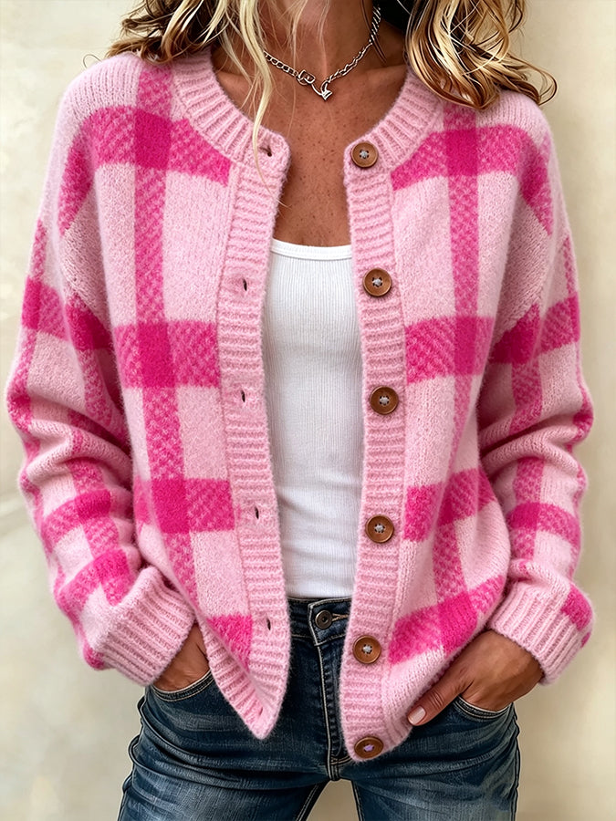 Ladies' Casual Pink Paid Print Knitted Cardigan Top