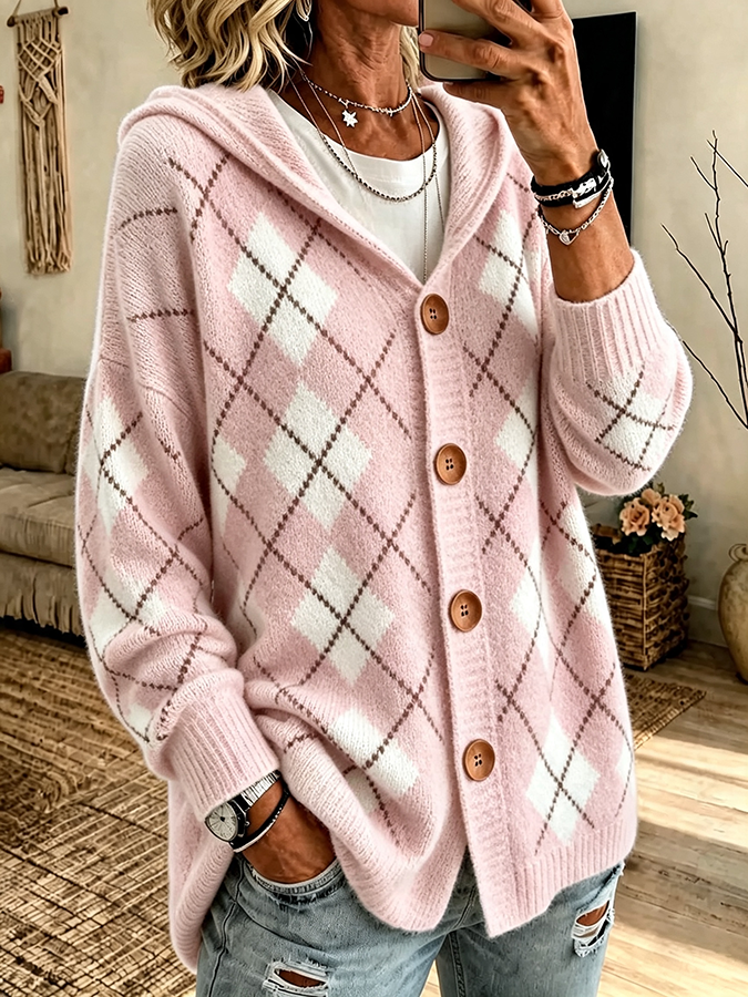 Ladies' Casual Checkered Knitted Hooded Long Sleeved Cardigan
