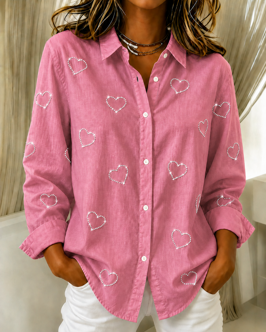 Women's Casual Heart-Shaped Rhinestone Art Long Sleeved Shirt
