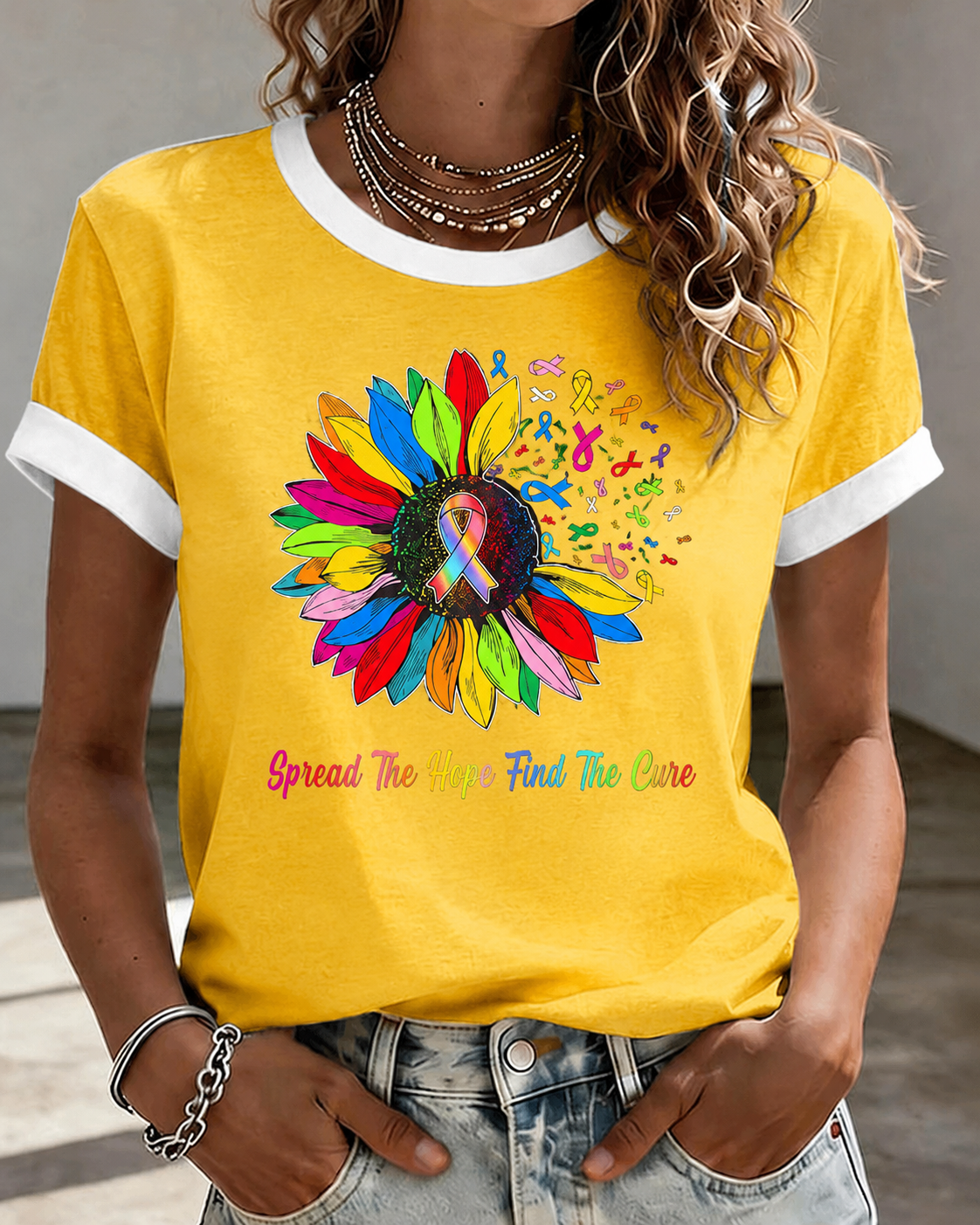 Women's Rainbow Sunflower Multi Cancer Awareness Ribbon Inspirational Quote Contrast Trim Casual T-Shirt