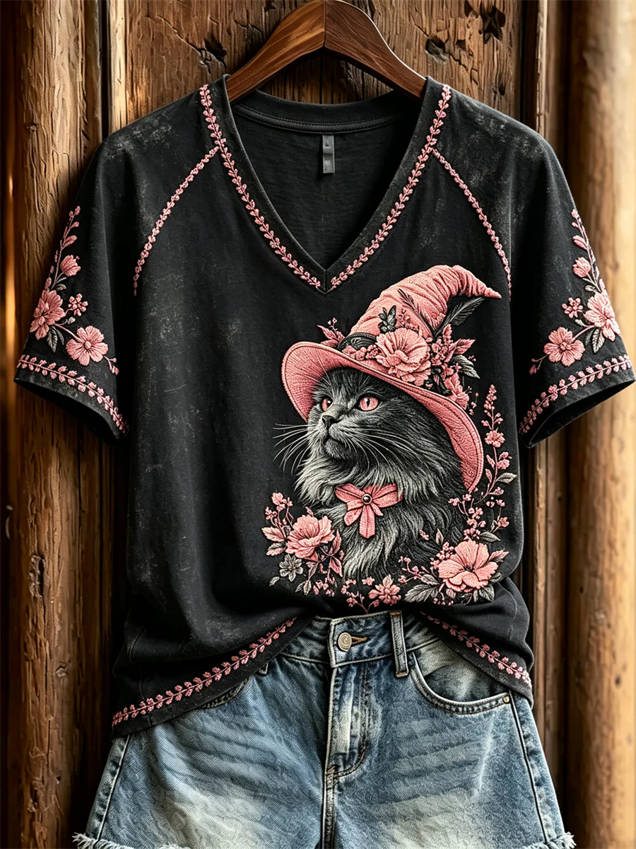Women'S Black Cat Witch Pink Printed Art Short Sleeved T-Shirt