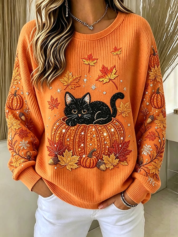 Women's Autumn Maple Leaf Cat Faith Print Long-Sleeved Knit Top