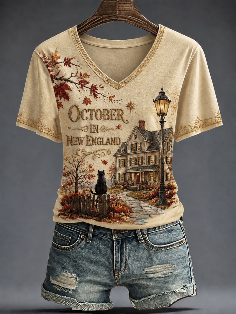 Women Fall Vintage Print Casual T-Shirt
