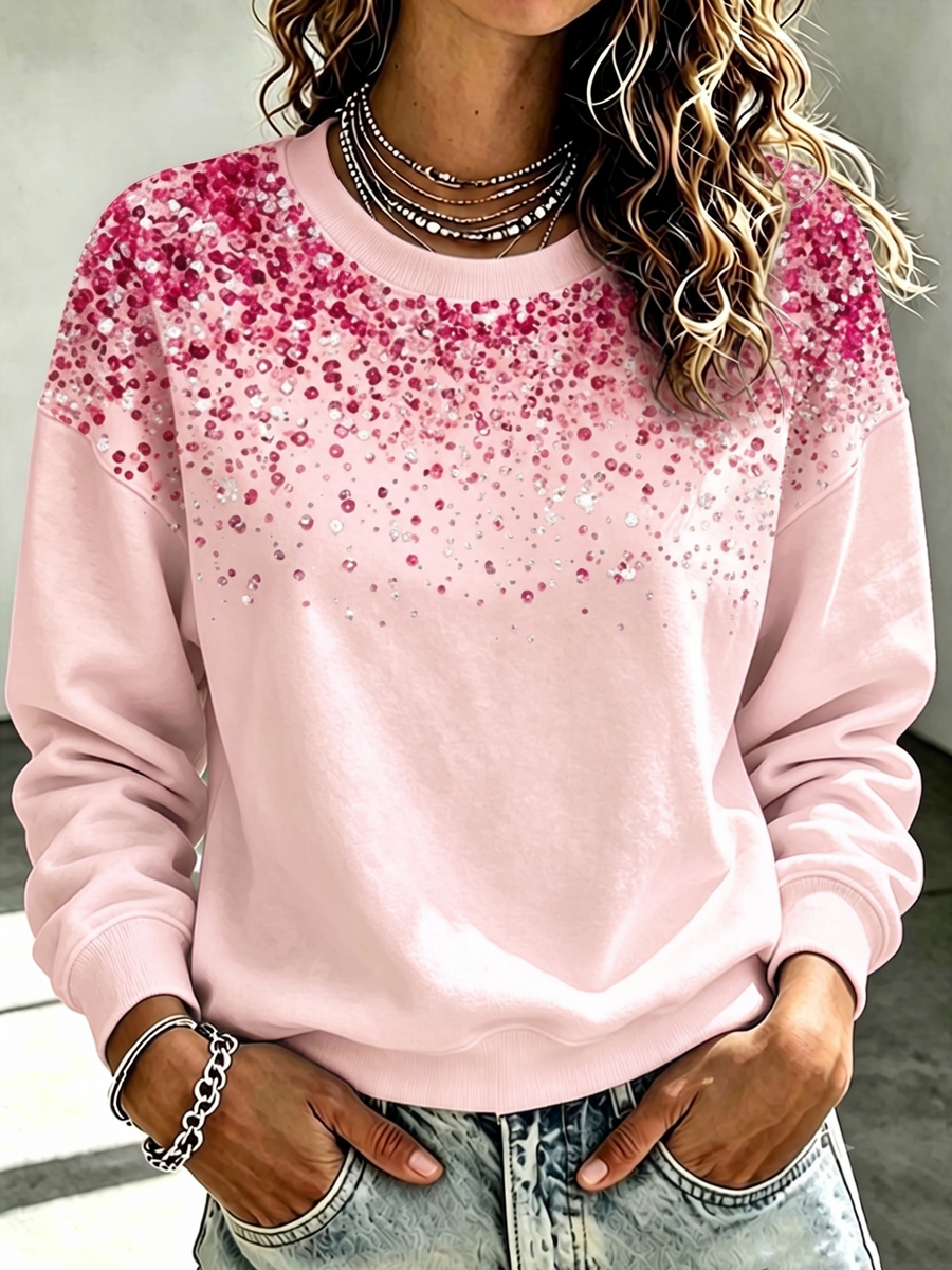 Ladies' Casual Gradient Pink Round Neck Sports Shirt