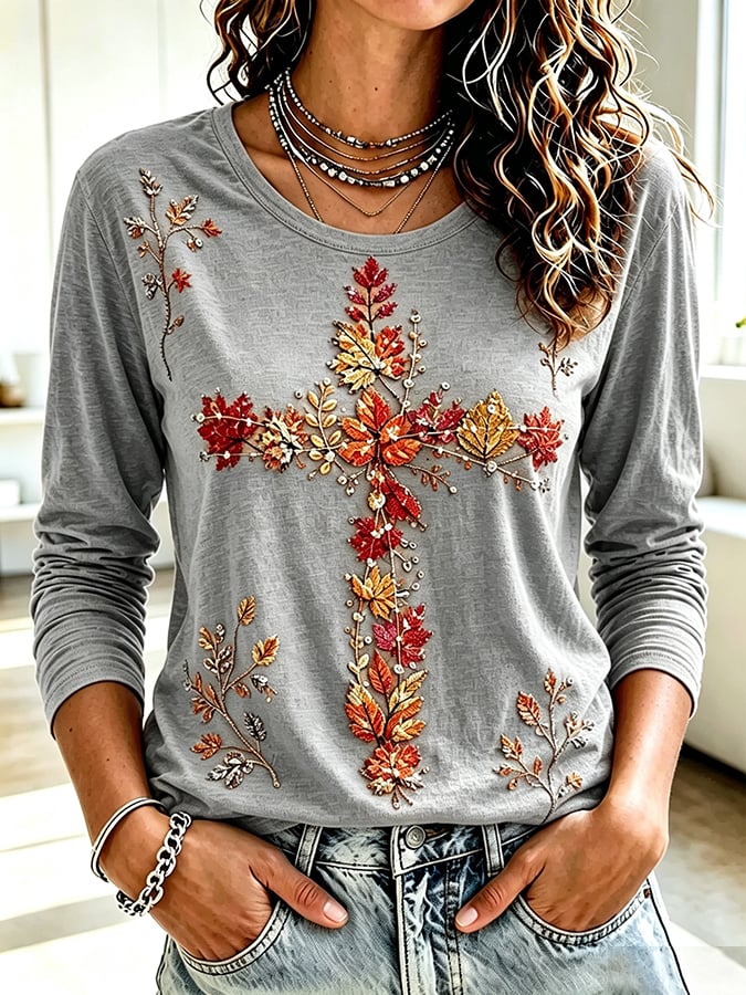 Women's Retro Autumn Cross Print T-shirt