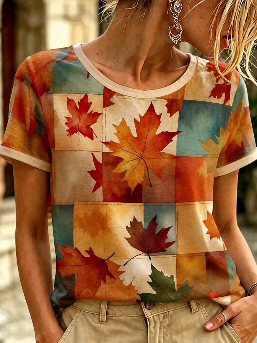 Women Fall Vintage Leaf Print T-Shirt