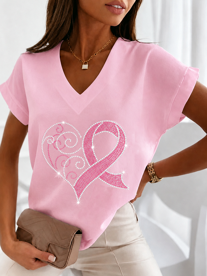 Women's Rhinestone Heart Print T Shirt