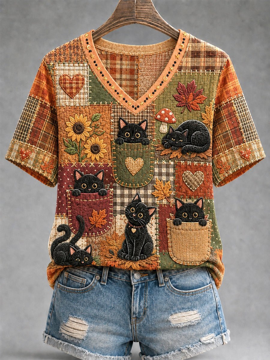 Women's Autumn Floral Plaid Patchwork Black Cat Print T-Shirt