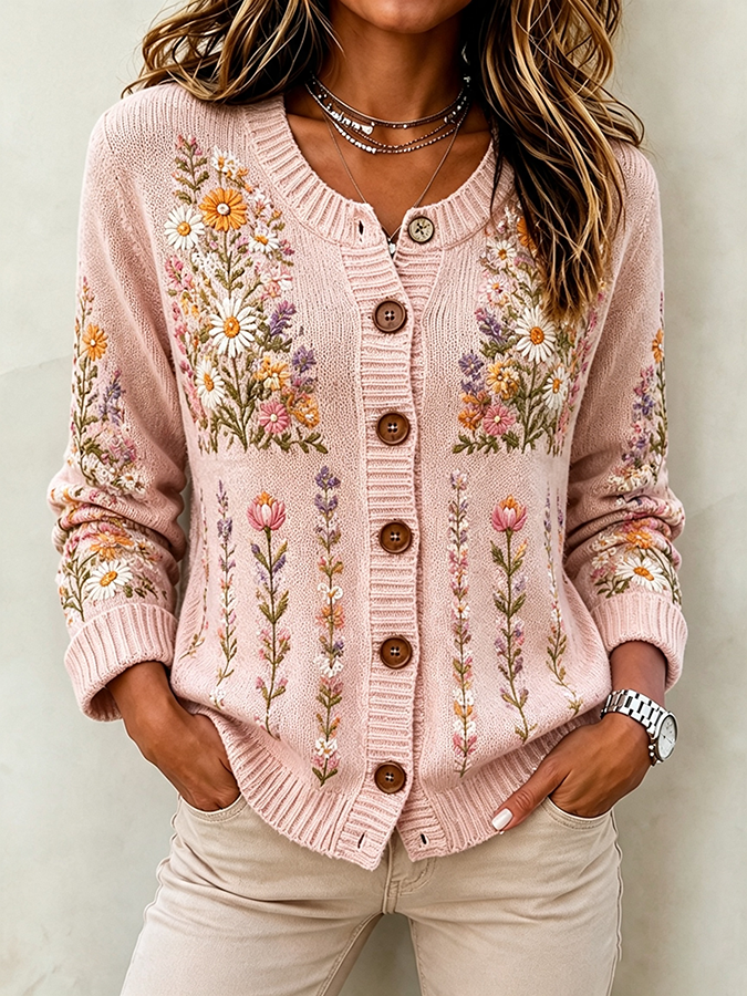Ladies' Casual Floral Printed Knitted Cardigan Top