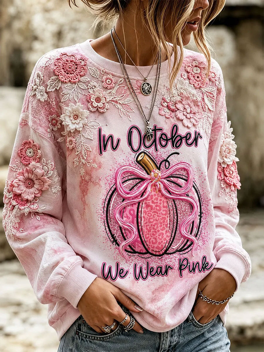 In October We Wear Pink Breast Cancer Awareness Pumpkin Floral Lace-Panel Women’s Sweatshirt
