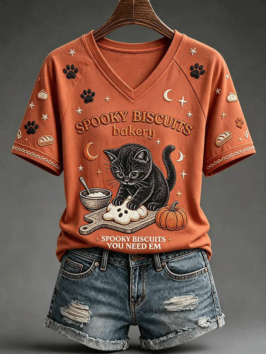 Women's Fall Black Cat V-Neck T-Shirts