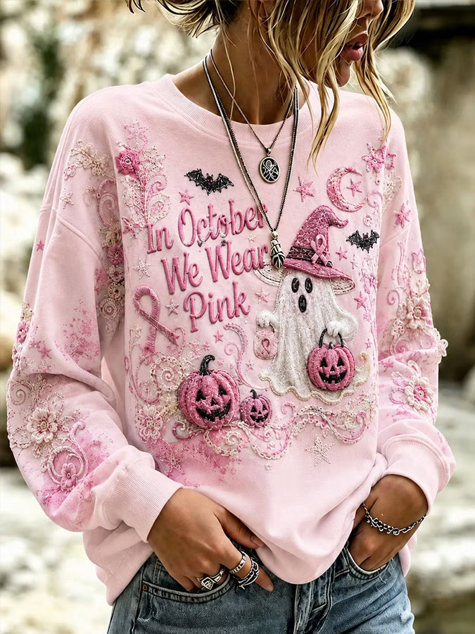 Women'S In October We Wear Pink Print Casual Round Neck Top