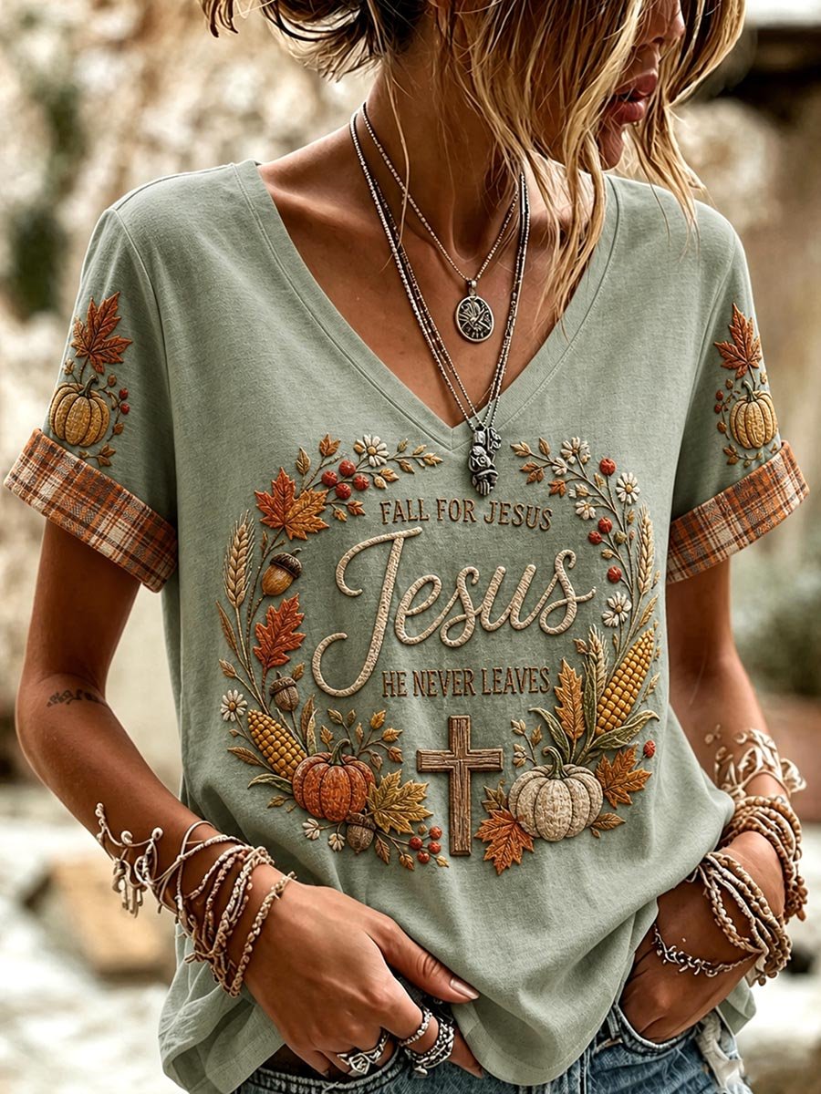 Women's Autumn Pumpkin and Wheat Ear V-Neck Short-Sleeve Top