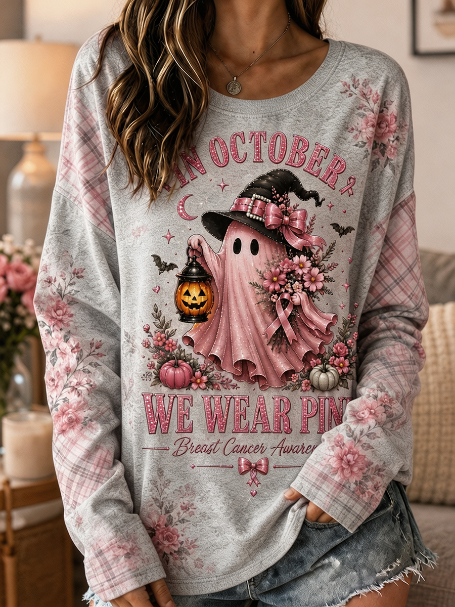 Women's In October We Wear Pink Witch Ghost Floral Plaid Long Sleeve Tee