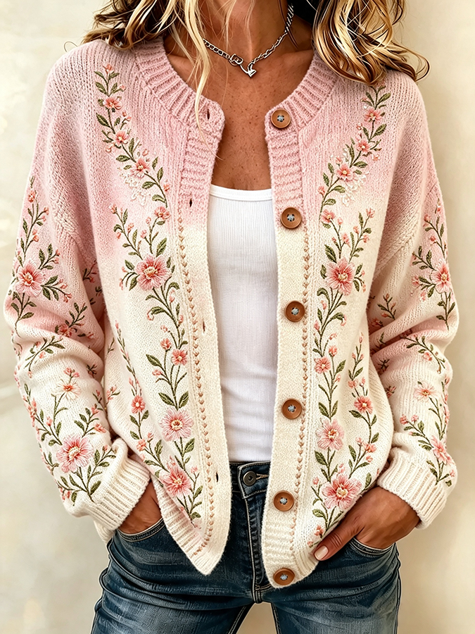 Ladies' Casual Floral Gradient Knitted Cardigan Top