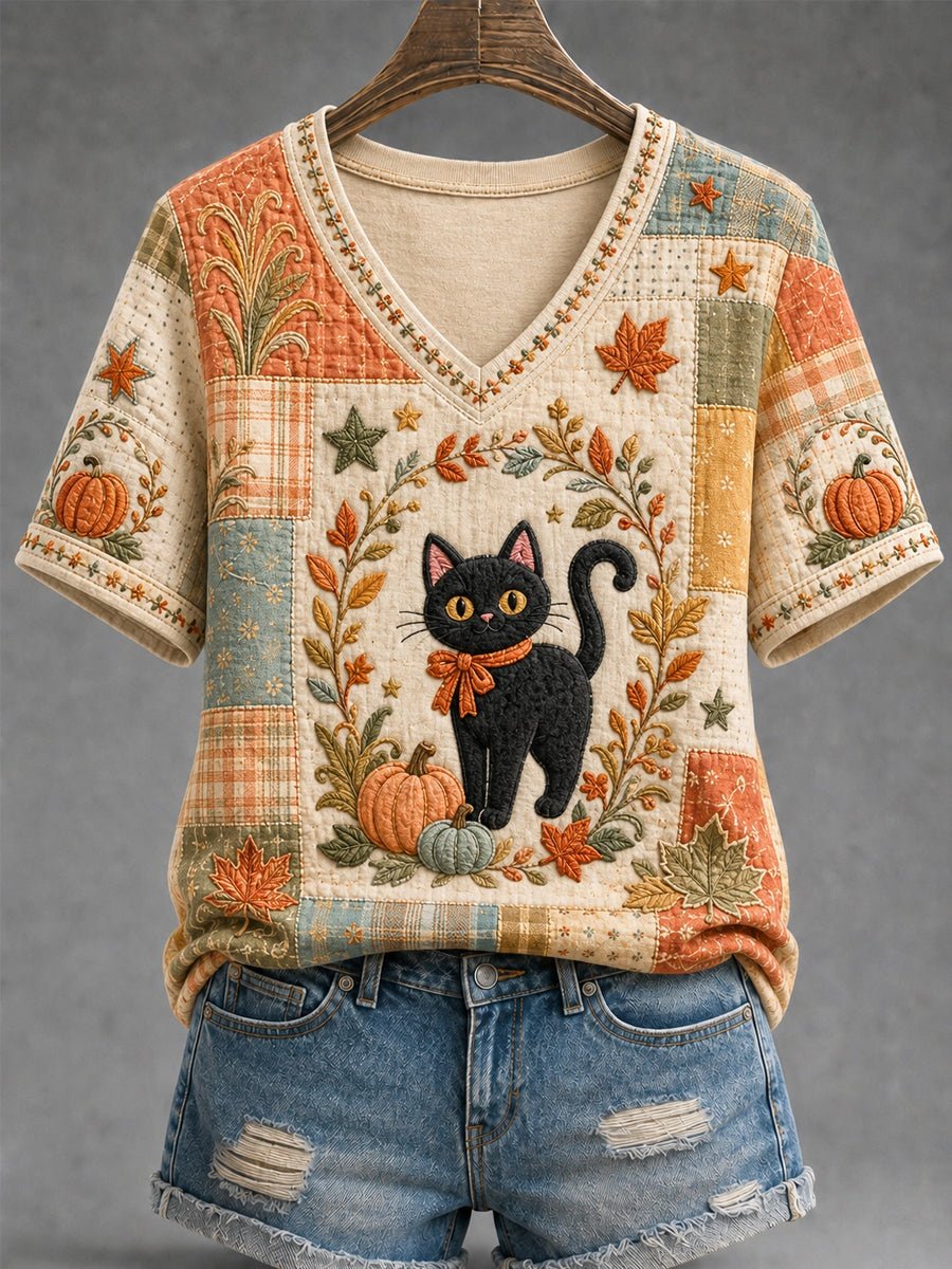 Women's Autumn Floral Plaid Patchwork Black Cat Print T-Shirt