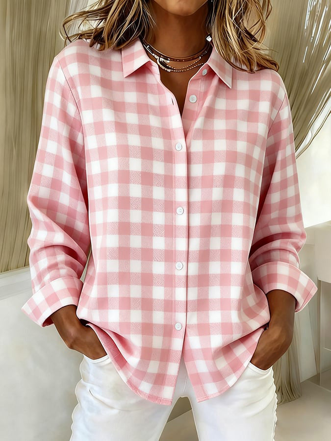 Women's Pink Plaid Print Lapel Long Sleeve Shirt