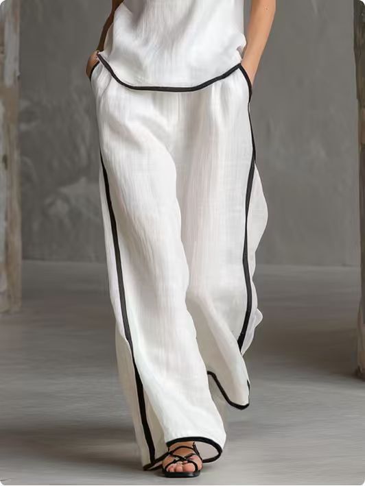 🌷🌷Contrast Trim Sleeveless Top & Wide-Leg Pants Two-Piece Set