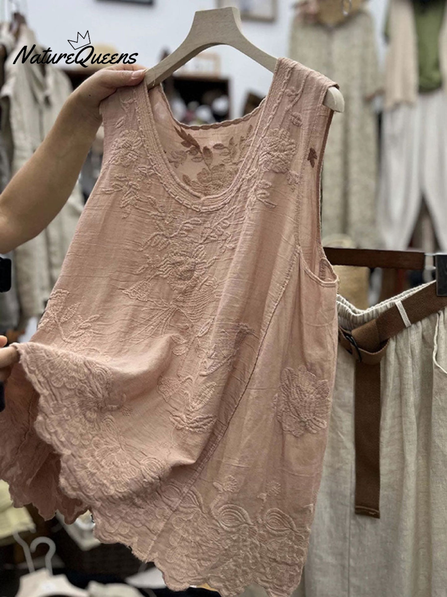 Women's Vintage Lace Sleeveless Cotton and Linen Vest Top