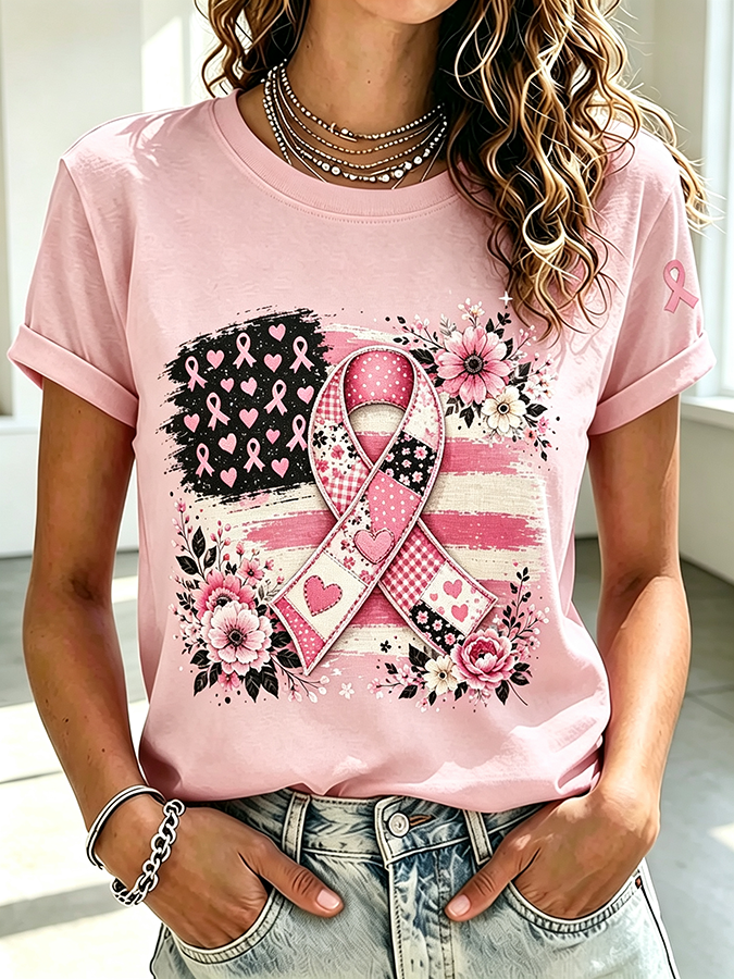 Women'S Pink Ribbon Flag Flower Breast Cancer Awareness T-Shirt