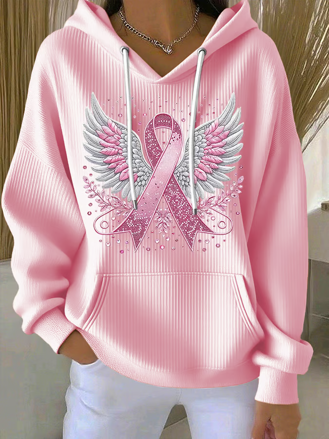 Women's Casual Pink Contrast Ribbon Wings Ribbon Cotton Hoodie