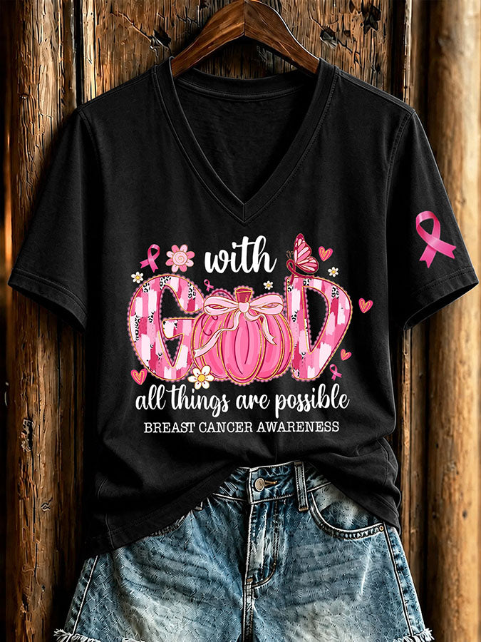 Women'S Breast Cancer Awareness And Ghost Witch Halloween Support Printed T-Shirt