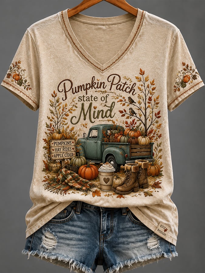 Women's Casual Autumn Printed V-Neck Top