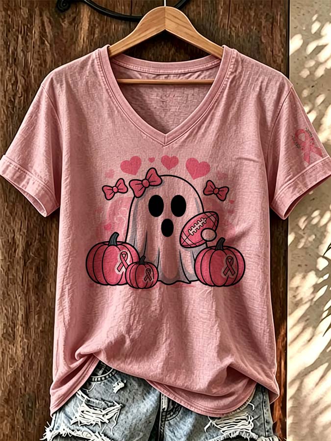 Women'S Pink Pumpkin Ribbon Printed Casual Short Sleeved T-Shirt