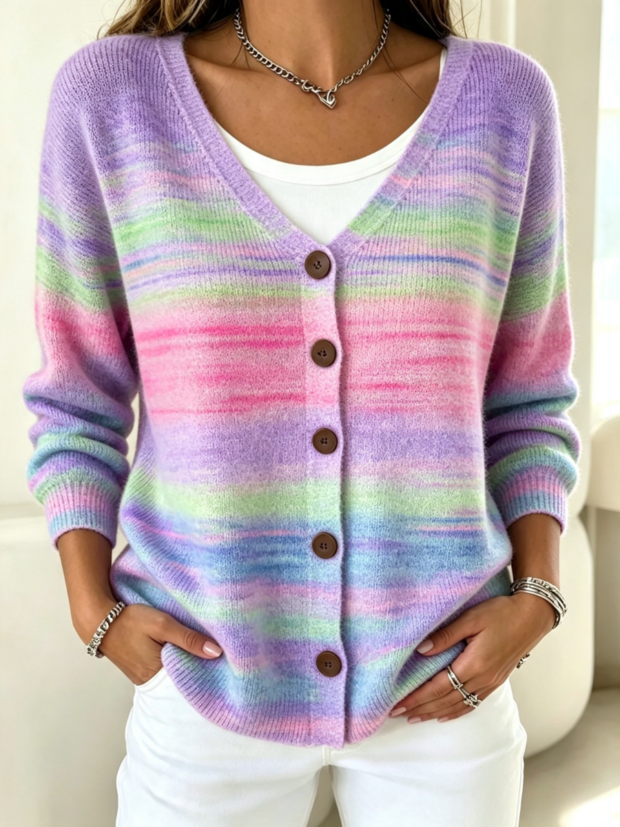 Women's Pink&Purple Art Printed Casual Cardigan