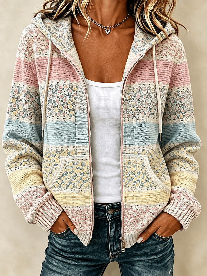 Women'S Casual Floral Knitted Zipper Sweatshirt