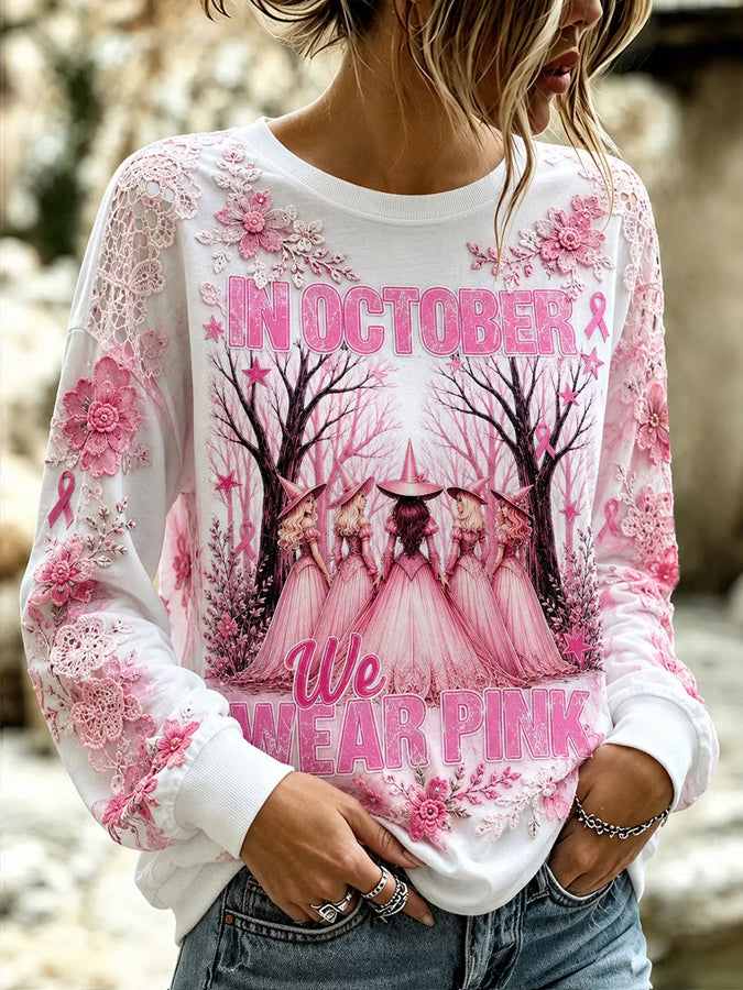 Women'S In October We Wear Pink Print Casual Round Neck Top