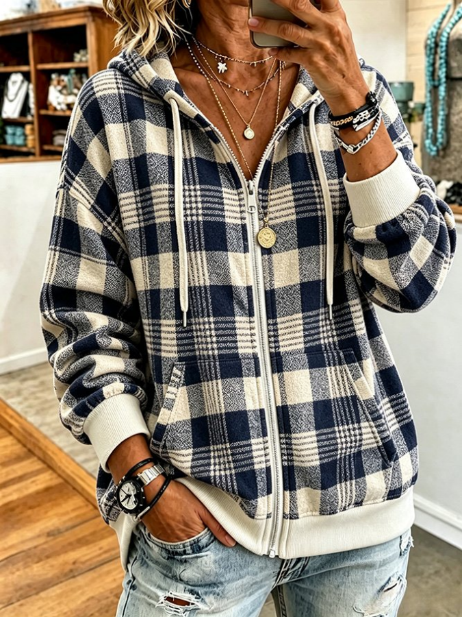 Women Pink Art Plaid Long Sleeve Hoodie Casual Jacket Outerwear
